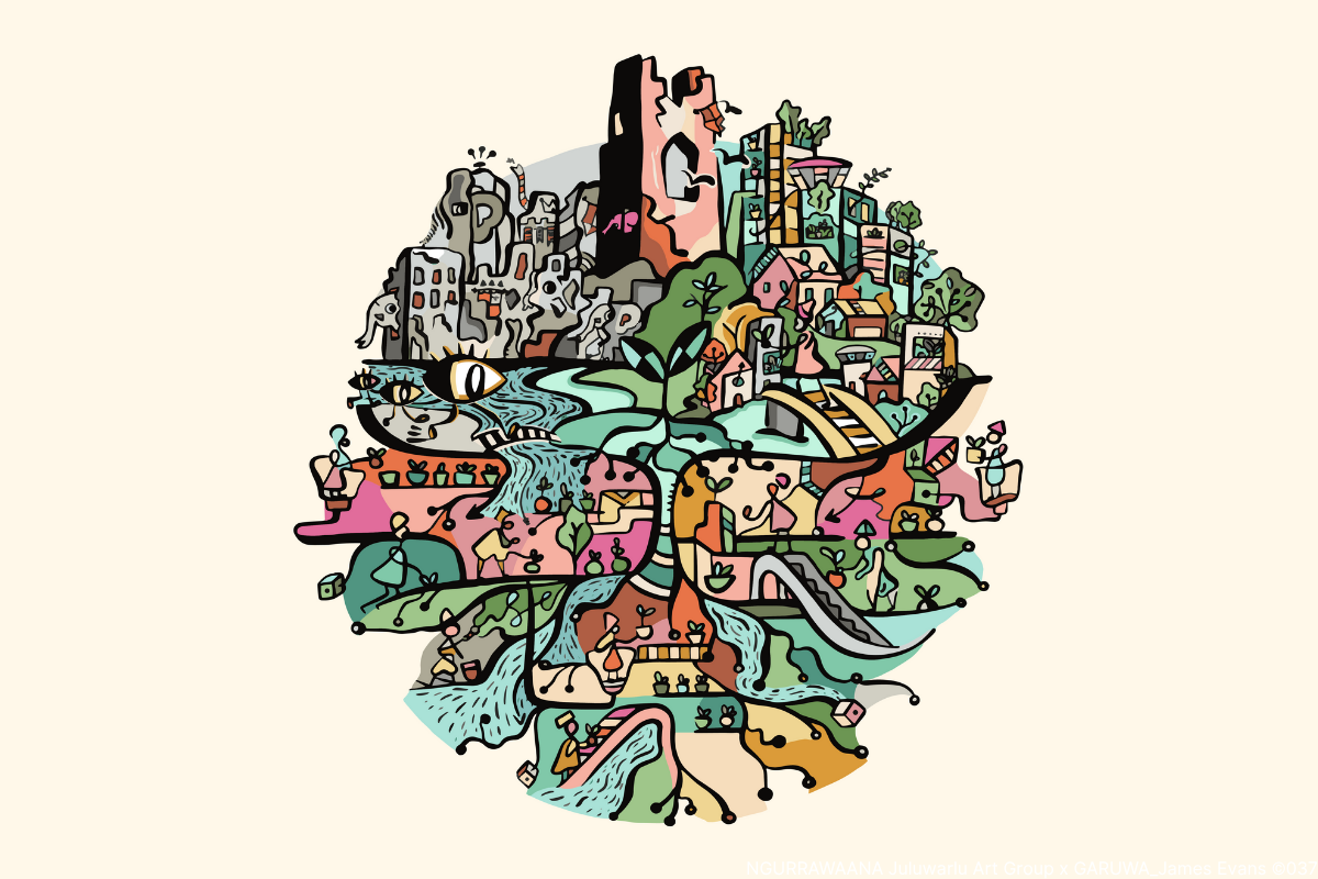 Colourful abstract illustration of a circular landscape with buildings, nature, people, and rivers, symbolising interconnected communities, growth, and regenera